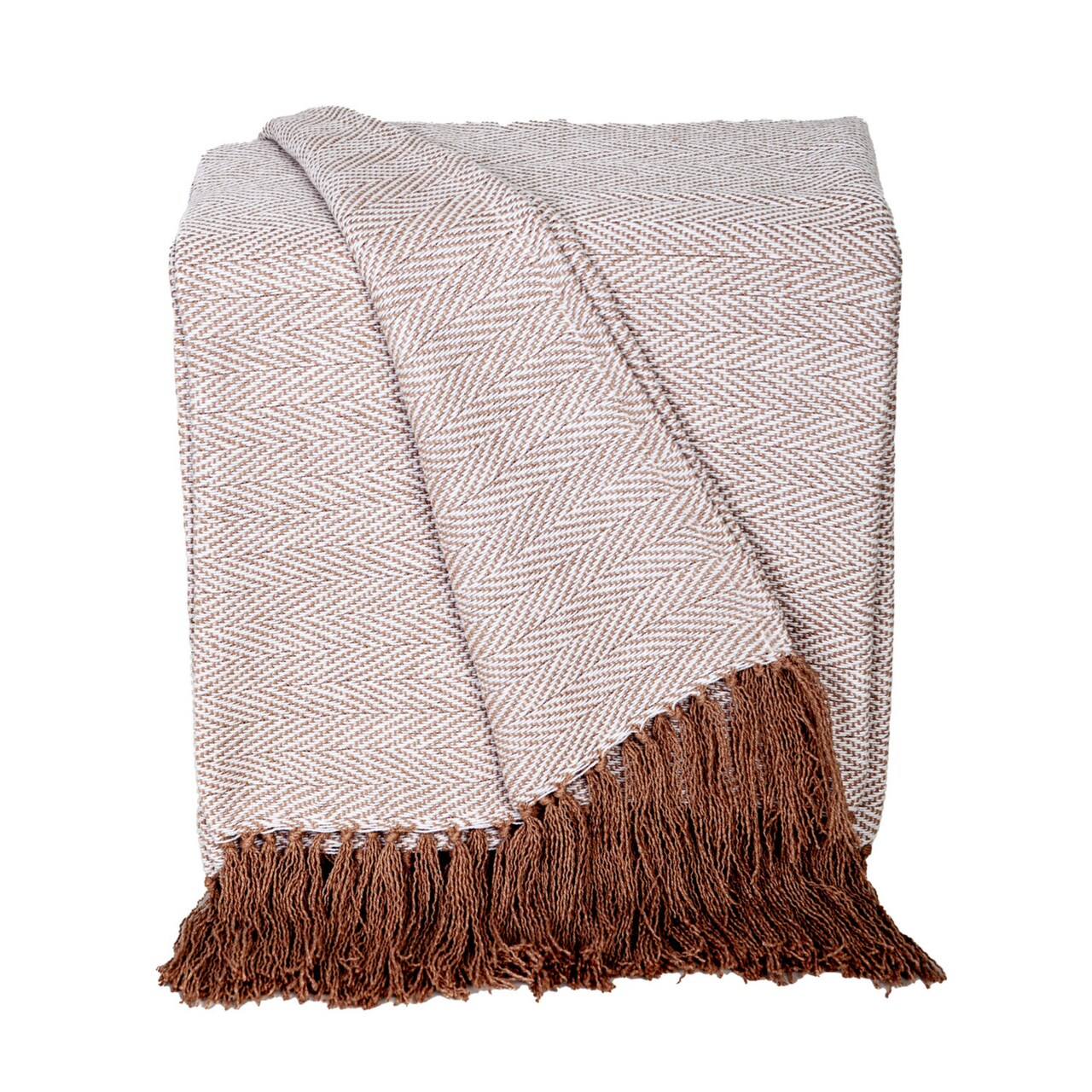 Nassau Collection Herringbone Cotton Throw Blanket with Tassels - 50" x 60" - Beige and Brown